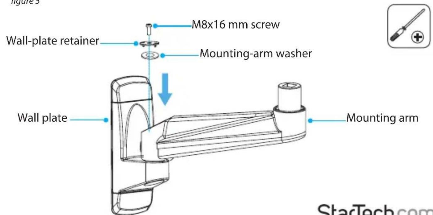 Figure 3 M8x16 mm screw Wall-plate retainer Mounting-arm washer Wall plate Mounting arm StarTech.com
