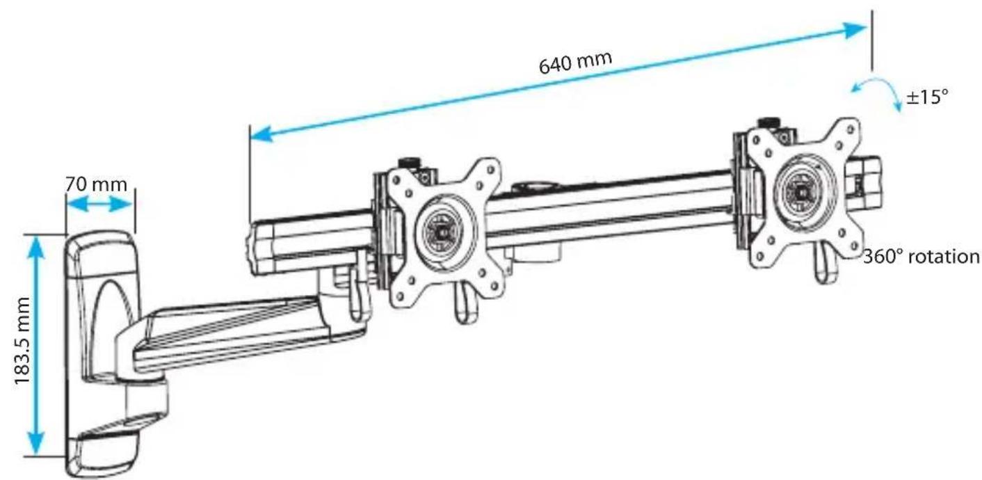 640 mm ±15° 70 mm 183.5 mm 360° rotation