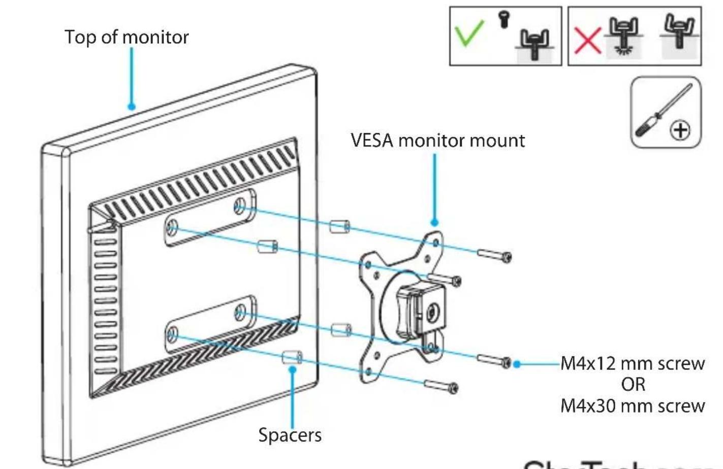 Top of monitor VESA monitor mount Spacers M4x12 mm screw OR M4x30 mm screw