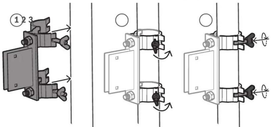 Technical diagram showing three mechanical assembly states with numbered components and directional arrows indicating motion or movement.