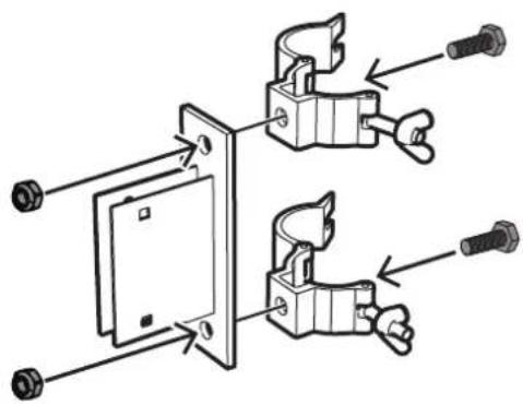 Technical diagram showing mechanical assembly with labeled parts and directional arrows indicating assembly steps