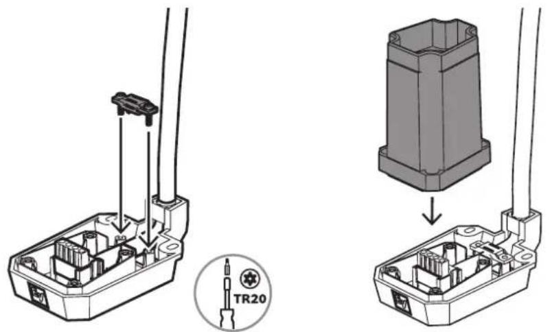 Technical diagram showing assembly of a device into a housing, with a magnified view highlighting TR20 component.