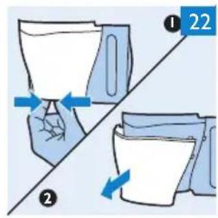 Diagram illustrating two steps of packaging or cleaning process with numbered arrows and blue directional arrows indicating movement.