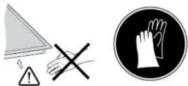 Warning symbols including a warning triangle, hand crossed with a cross, and a hand holding a glove icon