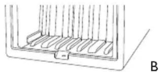 Simple line drawing of a container with internal fins and a side clip, labeled B (no text or symbols)