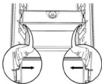 Diagram of a mechanical device with two hands holding arrows, showing internal components (no text or symbols)