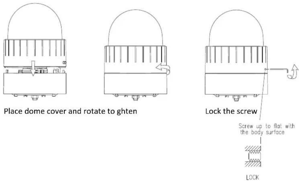 Place dome cover and rotate to ghten Lock the screw Screw up to flat with the body surface LOCK