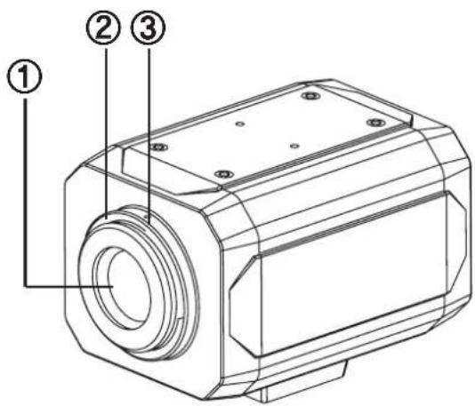 Technical diagram of a mechanical component with numbered parts labeled ①, ②, and ③.