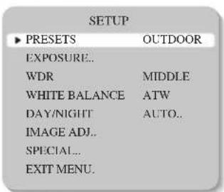 SETUP ▶ PRESETS OUTDOOR EXPOSURE.. WDR MIDDLE WHITE BALANCE ATW DAY/NIGHT AUTO.. IMAGE ADJ.. SPECIAL.. EXIT MENU.