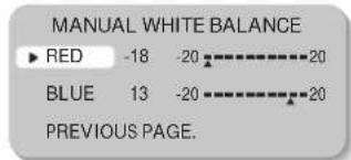 MANUAL WHITE BALANCE ▶ RED -18 -20 20 BLUE 13 -20 20 PREVIOUS PAGE.
