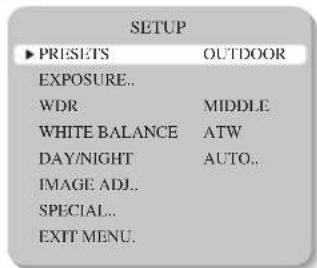 SETUP ▶ PRESETS OUTDOOR EXPOSURE.. WDR MIDDLE WHITE BALANCE ATW DAY/NIGHT AUTO.. IMAGE ADJ.. SPECIAL.. EXIT MENU.
