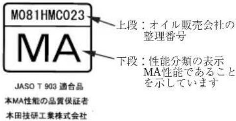 M081HMC023 MA 上段:オイル販売会社の 整理番号 下段:性能分類の表示 MA性能であると を示しています JASO T 903 適合品 本MA性能の品質保証者 本田技研工業株式会社