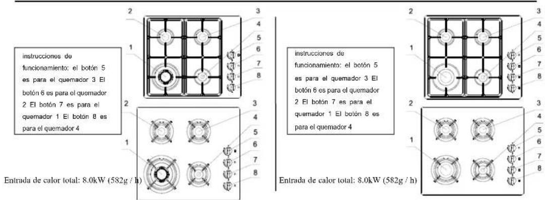 instrucciones de funcionamiento: el botón 5 es para el quemador 3 El botón 6 es para el quemador 2 El botón 7 es para el quemador 1 El botón 8 es para el quemador 4 Entrada de calor total: 8.0kW (582g / h) instrucciones de funcionamiento: el botón 5 es para el quemador 3 El botón 6 es para el quemador 2 El botón 7 es para el quemador 1 El botón 8 es para el quemador 4 Entrada de calor total: 8.0kW (582g / h)