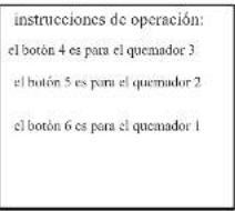 instrucciones de operación: el botón 4 es para el quemador 3 el botón 5 es para el quemador 2 el botón 6 es para el quemador 1