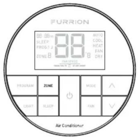 FURRION 88.88mm SLEEP PROG 1 2 ZONE B 88.88mm AUTO COOL HEAT FAN DRY AIR CONDITIONER PROGRAM ZONE MODE ^ LIGHT SLEEP FAN ✓