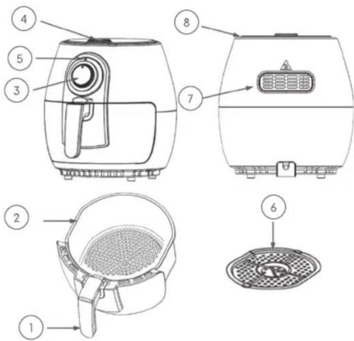Exploded diagram of an air fryer with numbered parts for identification and assembly reference.