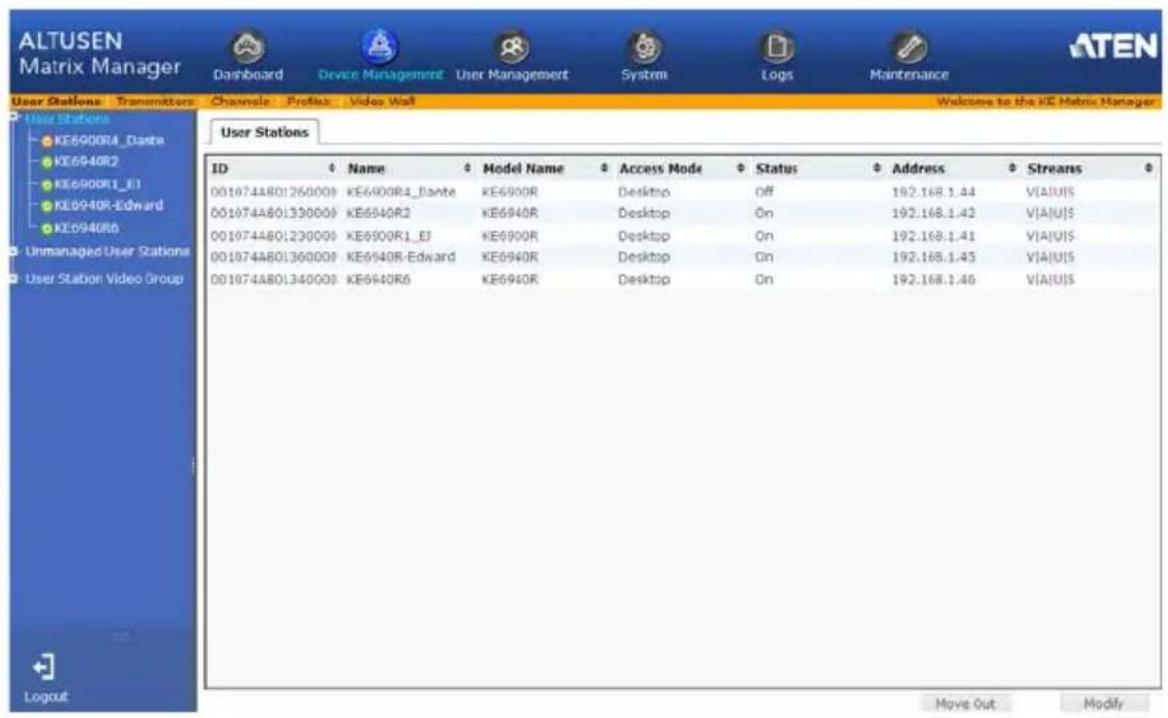 ALTUSEN Matrix Manager Dashboard Device Management User Management System Logs Maintenance ATEN User Stations Transmitters Channels Profile Video Wall Welcome to the KE Matrix Manager User Stations ID Name Model Name Access Mode Status Address Streams 001074A801260009 KE6900R4_Bante KE6900R Desktop Off 192.168.1.44 VIA|U|S 001074A801330009 KE6940R2 KE6940R Desktop On 192.168.1.42 VIA|U|S 001074A801230008 KE6900R1_E3 KE6900R Desktop On 192.168.1.41 VIA|U|S 001074A801360009 KE6940R-Edward KE6940R Desktop On 192.168.1.45 VIA|U|S 001074A801340008 KE6940R6 KE6940R Desktop On 192.168.1.46 VIA|U|S Unmanaged User Stations User Station Video Group Logout Move Out Modify