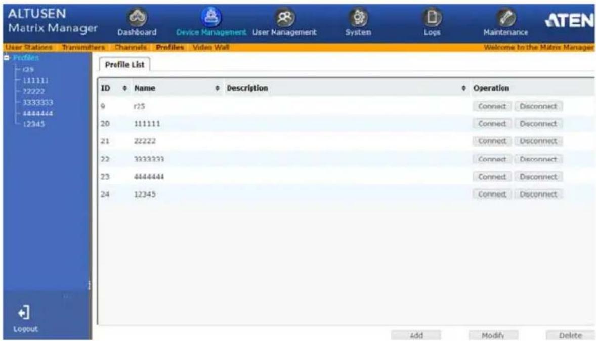 ALTUSEN Matrix Manager Dashboard Device Management User Management System Logs Maintenance User Stations Transmitters Channels Profiles Video Wall Welcome to the Matrix Manager Profile List ID Name Description Operation 9 r25 Connect Disconnect 20 111111 Connect Disconnect 21 22222 Connect Disconnect 22 3333333 Connect Disconnect 23 4444444 Connect Disconnect 24 12345 Connect Disconnect Add Modify Delete