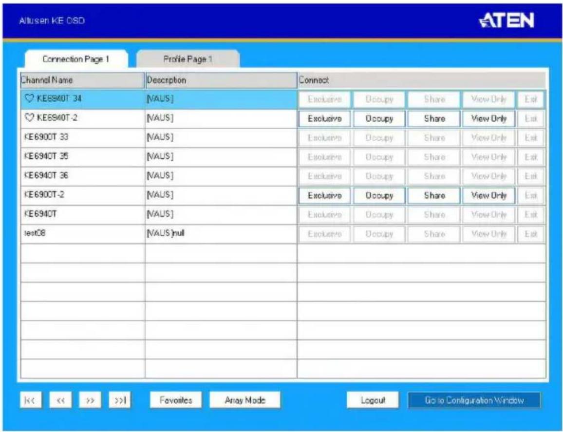 Altusen KE OSD ATEN Connection Page 1 Profie Page 1 Channel Name Description Connect KE6940T 34 [NAUS] Exclusive Occupy Share View Only Exit KE6940T-2 [NAUS] Exclusive Occupy Share View Only Exit KE6900T 33 [NAUS] Exclusive Occupy Share View Only Exit KE6940T 35 [NAUS] Exclusive Occupy Share View Only Exit KE6940T 36 [NAUS] Exclusive Occupy Share View Only Exit KE6900T-2 [NAUS] Exclusive Occupy Share View Only Exit KE6940T [NAUS] Exclusive Occupy Share View Only Exit test08 [NAUS]null Exclusive Occupy Share View Only Exit << << >> >>1 Favorites Array Mode Logout Go to Configuration Window