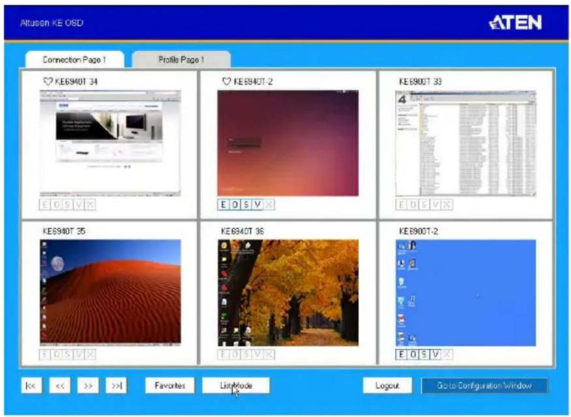Altusen KE OSD ATEN Connection Page 1 Profiles Page 1 KE6940T 34 E O S V X KE6940T-2 E O S V X KE6900T 33 E O S V X KE6940T 35 E O S V X KE6940T 36 E O S V X KE6900T-2 E O S V X << << >> >>| Favorites ListMode Logout Go to Configuration Window