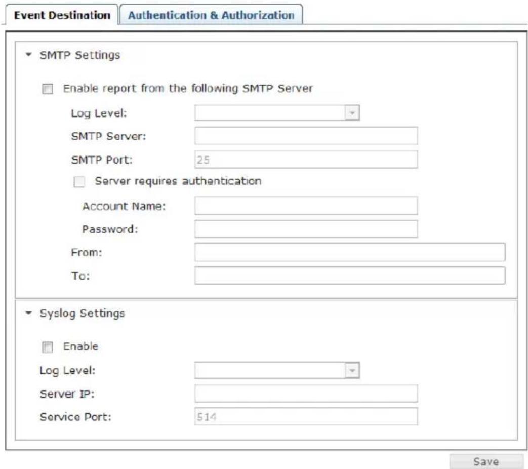 Event Destination Authentication & Authorization SMTP Settings Enable report from the following SMTP Server Log Level: SMTP Server: SMTP Port: 25 Server requires authentication Account Name: Password: From: To: Syslog Settings Enable Log Level: Server IP: Service Port: 514 Save