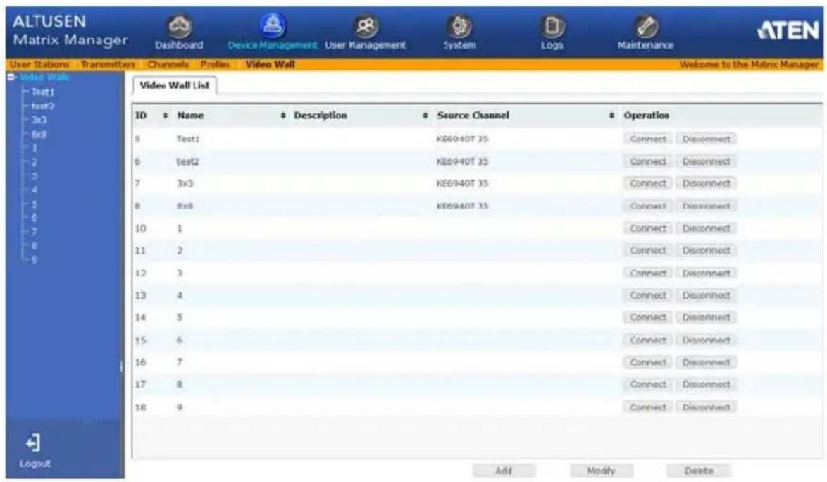 ALTUSEN Matrix Manager Dashboard Device Management User Management System Logs Maintenance User Tabons Transmitters Channels Profiles Video Wall Welcome to the Matrix Manager Video Wall List ID Name Description Source Channel Operation 5 Test1 KE6940T 35 Connect Disconnect 6 test2 KE6940T 35 Connect Disconnect 7 3x3 KE6940T 35 Connect Disconnect 8 8x8 KE6940T 35 Connect Disconnect 10 1 Connect Disconnect 11 2 Connect Disconnect 12 3 Connect Disconnect 13 4 Connect Disconnect 14 5 Connect Disconnect 15 6 Connect Disconnect 16 7 Connect Disconnect 17 8 Connect Disconnect 18 9 Connect Disconnect Add Modify Delete