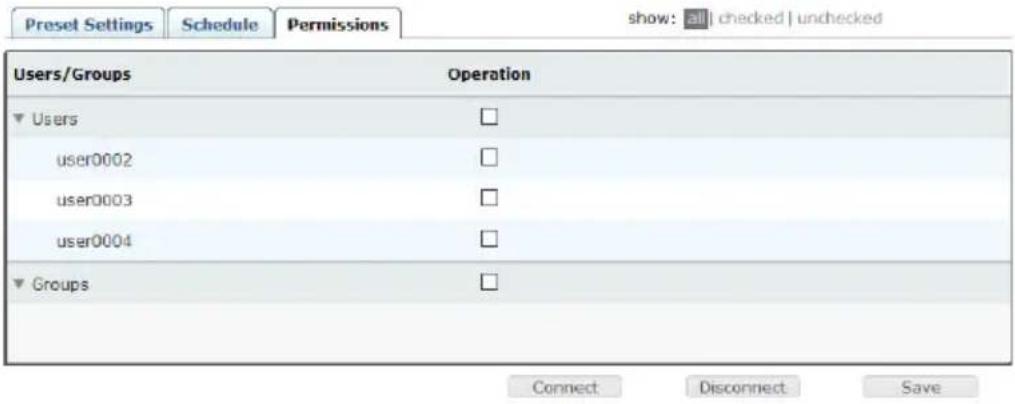 Preset Settings Schedule Permissions show: all checked unchecked Users/Groups Operation ▼ Users □ user0002 □ user0003 □ user0004 □ ▼ Groups □ Connect Disconnect Save