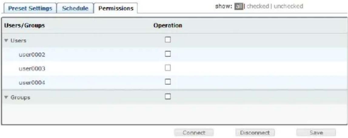 Preset Settings Schedule Permissions show: all checked unchecked Users/Groups Operation ▼ Users □ user0002 □ user0003 □ user0004 □ ▼ Groups □ Connect Disconnect Save