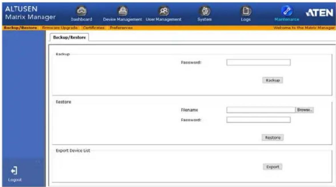 ALTUSEN Matrix Manager Dashboard Device Management User Management System Logs Maintenance Backup/Restore Firmware Upgrade Certificates Preferences Welcome to the Matrix Manager Backup/Restore Backup Password: Backup Restore Filename Browse... Password: Restore Export Device List Export Logout