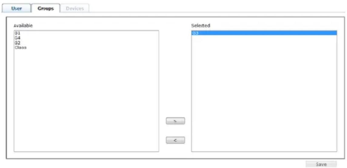 User Groups Devices Available G1 G4 G2 Class Selected G3 > < Save