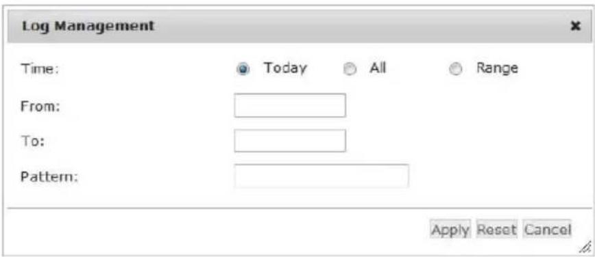 Log Management Time: Today All Range From: To: Pattern: Apply Reset Cancel