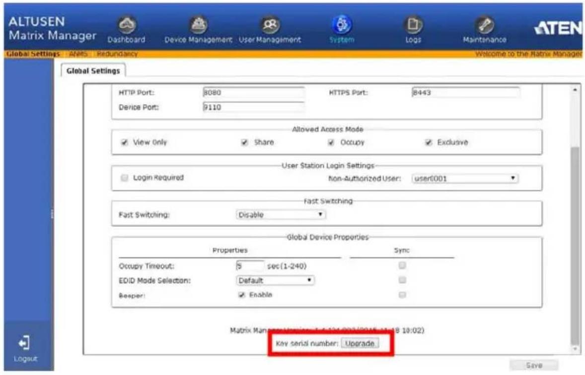 ALTUSEN Matrix Manager Dashboard Device Management User Management System Logs Maintenance Global Settings ANES Redundancy Welcome to the Matrix Manager Global Settings HTTP Port: 8080 HTTPS Port: 8443 Device Port: 9110 Allowed Access Mode View Only Share Occupy Exclusive User Station Login Settings Login Required Non-Authorized User: user0001 Fast Switching Fast Switching: Disable Global Device Properties Properties Sync Occupy Timeout: $ sec(1-240) EDID Mode Selection: Default Keeper: Enable Key serial number: Upgrade Matrix Man: Number 16-17-003/2016 15:18 10:02) Logout Save