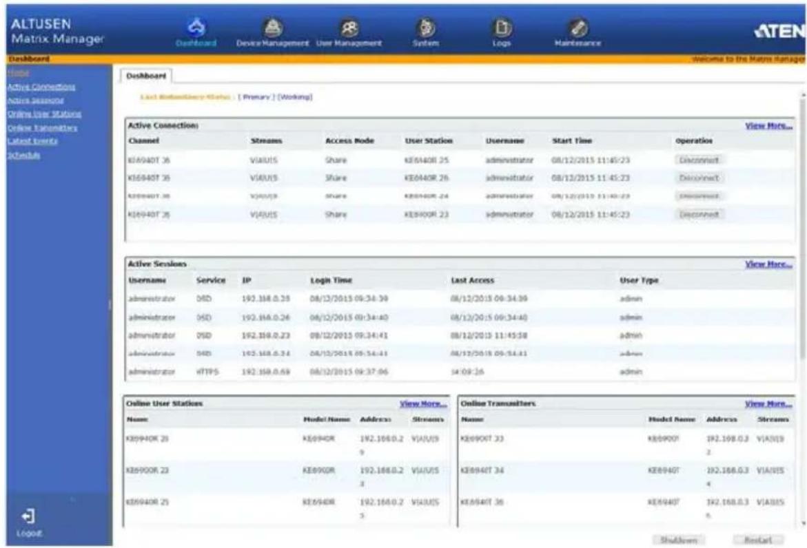 ALTUSEN Matrix Manager Dashboard Device Management User Management System Logs Maintenance ATEN Welcome to the Matrix Manager Dashboard Active Connections Active Sessions Online User Stations Online Parameters Latest Events Schedule Dashboard Last Ambulatory Status : [ Premry ] [ Working ] Active Connection View More... Channel Streames Access Mode User Station Username Start Time Operation KE6940T 36 VIAUIS Share KE6940R 25 administrator 08/12/2015 11:45:23 Disconnect KE6940T 36 VIAUIS Share KE6940R 26 administrator 08/12/2015 11:45:23 Disconnect KE6940T 36 VIAUIS Share KE6940R 24 administrator 08/12/2015 11:45:23 Disconnect KE6940T 36 VIAUIS Share KE6940R 23 administrator 08/12/2015 11:45:23 Disconnect Active Sessions View More... Username Service JP Login Time Last Access User Type administrator SSD 192.168.0.28 08/12/2015 09:34:39 08/12/2015 09:34:39 admin administrator SSD 192.168.0.26 08/12/2015 09:34:40 08/12/2015 09:34:40 admin administrator SSD 192.168.0.23 08/12/2015 09:34:41 08/12/2015 11:45:58 admin administrator SSD 192.168.0.24 08/12/2015 09:34:41 08/12/2015 09:34:41 admin administrator VTIPS 192.168.0.69 08/12/2015 09:37:06 34:09:26 admin Online User Stations View More... Name Model Name Address Streams KE6940R 23 KE6940R 192.168.0.2 VIAUIS 9 KE6940R 23 KE6940R 192.168.0.2 VIAUIS 3 KE6940R 25 KE6940R 192.168.0.2 VIAUIS 5 Online Transmitters View More... Name Model Name Address Streams KE6940T 33 KE6940T 192.168.0.3 VIAUIS 2 KE6940T 34 KE6940T 192.168.0.3 VIAUIS 4 KE6940T 36 KE6940T 192.168.0.3 VIAUIS 6 Shutdown Reset