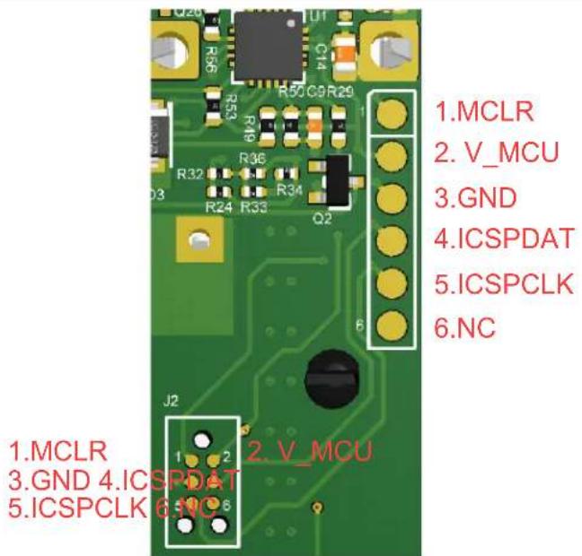 1.MCLR 2. V_MCU 3.GND 4.ICSPDAT 5.ICSPCLK 6.NC 1.MCLR 3.GND 4.ICSPDAT 5.ICSPCLK 6.NC 2. V_MCU