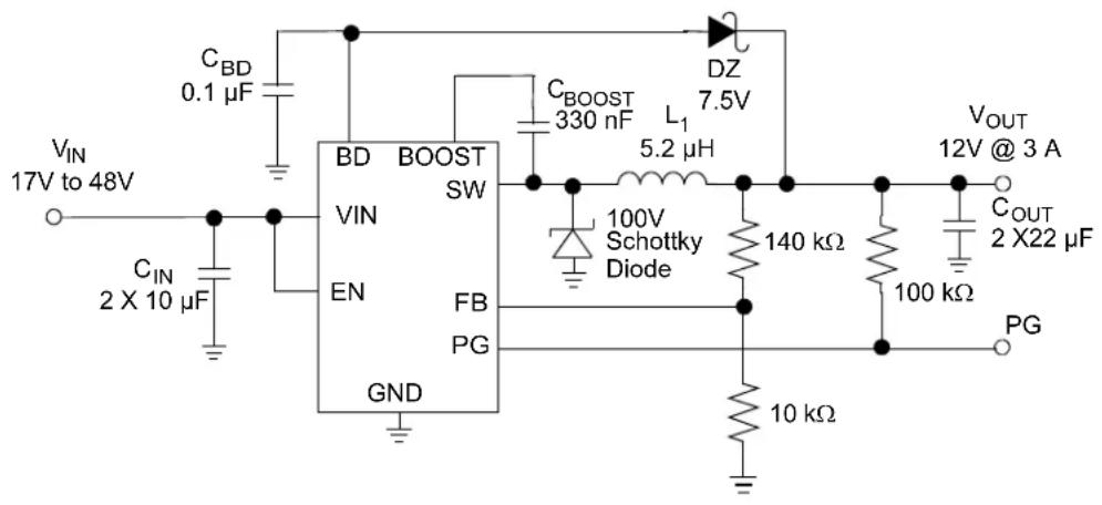 C_BD 0.1 μF V_IN 17V to 48V C_IN 2 X 10 μF BD VIN EN GND BOOST SW FB PG C_BOOST 330 nF L_1 5.2 μH 100V Schottky Diode 140 kΩ 100 kΩ 10 kΩ DGZ 7.5V V_OUT 12V @ 3 A C_OUT 2 X22 μF PG