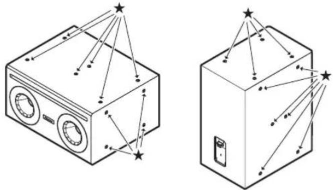 Two technical line drawings of a washing machine with star indicators and connection points (no text or symbols)