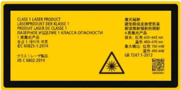 CLASS 1 LASER PRODUCT LASERPRODUKT DER KLASSE 1 PRODUKT LASER DE CLASSE 1 ЛАЗЕРНОЕ ИЗДЕЛИЕ 1 КЛАССА ОПАСНОСТИ 1 类激光产品 등급 1 라이저 제품 IEC 60825-1-2014 クラス 1レーザ製品 JIS C 6802:2014 激光辐射 避免眼或皮肤受到直 射或放射辐射的照射 4 类激光产品 波长: 红色 632-642 nm 蓝色 450-470 nm 最大输出 红色 750 mW 蓝色 450 mW GB 7247.1-2012 EXCELDA0421