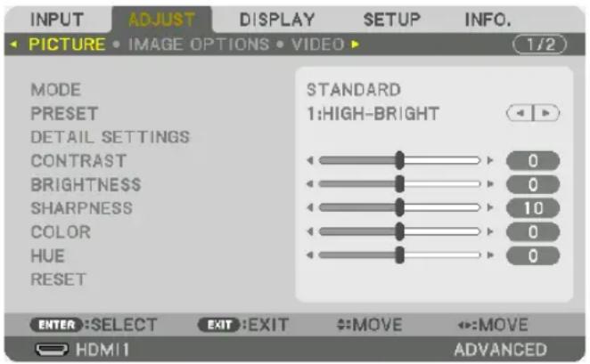 INPUT ADJUST DISPLAY SETUP INFO. PICTURE • IMAGE OPTIONS • VIDEO ▶ 1/2 MODE PRESET DETAIL SETTINGS CONTRAST BRIGHTNESS SHARPNESS COLOR HUE RESET STANDARD 1:HIGH-BRIGHT 0 0 10 0 0 0 ENTER :SELECT EXIT :EXIT →:MOVE ←:MOVE HDMI 1 ADVANCED