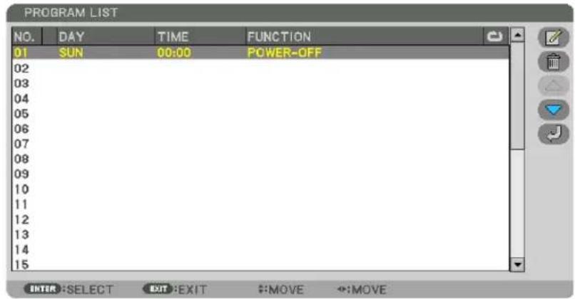 PROGRAM LIST NO. DAY TIME FUNCTION 01 SUN 00:00 POWER-OFF 02 03 04 05 06 07 08 09 10 11 12 13 14 15 ENTER :SELECT EXIT :EXIT #:MOVE #:MOVE
