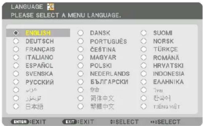 LANGUAGE PLEASE SELECT A MENU LANGUAGE. ENGLISH DEUTSCH FRANÇAIS ITALIANO ESPAÑOL SVENSKA PYCCKIЙ expressing توسطور 日本語 DANSK PORTUGUÊS ČEŞTINA MAGYAR POLSKI NEDERLANDS БЪЛГАРСКИ 传奇 简体中文 繁體中文 SUOMI NORSK TÜRKÇE ROMÄNÄ HRVATSKI INDONESIA ЕЛАННИКА ТУИ 한국어 TIËNG VIËT ENTER :EXIT EXIT :EXIT #:SELECT #:SELECT