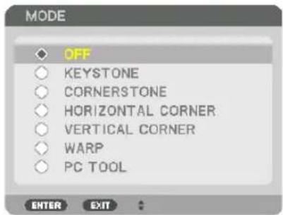 MODE OFF KEYSTONE CORNERSTONE HORIZONTAL CORNER VERTICAL CORNER WARP PC TOOL ENTER EXIT