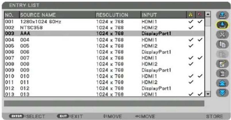 ENTRY LIST NO. SOURCE NAME RESOLUTION INPUT 001 1280x1024 60Hz 1024 x 768 HDMI1 ✓ ✓ 002 NTSC358 1024 x 768 HDMI2 ✓ 003 AAA 1024 x 768 DisplayPort1 004 004 1024 x 768 HDMI1 ✓ ✓ 005 005 1024 x 768 HDMI2 ✓ 006 006 1024 x 768 DisplayPort1 007 007 1024 x 768 HDMI1 ✓ ✓ 008 008 1024 x 768 HDMI2 ✓ 009 009 1024 x 768 DisplayPort1 010 010 1024 x 768 HDMI1 ✓ ✓ 011 011 1024 x 768 HDMI2 ✓ 012 012 1024 x 768 DisplayPort1 013 013 1024 x 768 HDMI1 ✓ ✓ ENTER: SELECT EXIT: EXIT #:MOVE ↔:MOVE STORE
