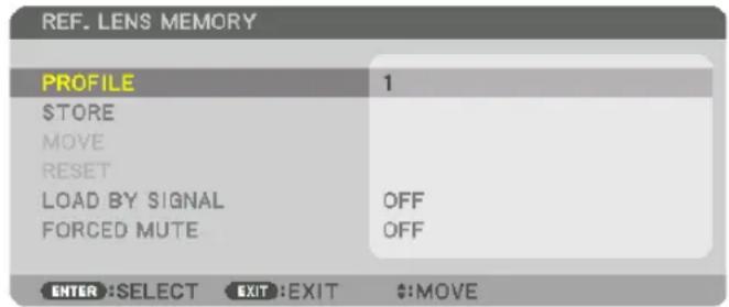 REF. LENS MEMORY PROFILE 1 $STORE MOVE RESET LOAD BY SIGNAL OFF FORCED MUTE OFF ENTER:SELECT EXIT:EXIT $:MOVE