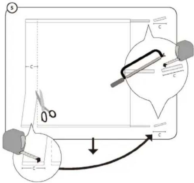 Diagram illustrating a sewing or sewing process with labeled parts and directional arrows indicating movement or assembly.