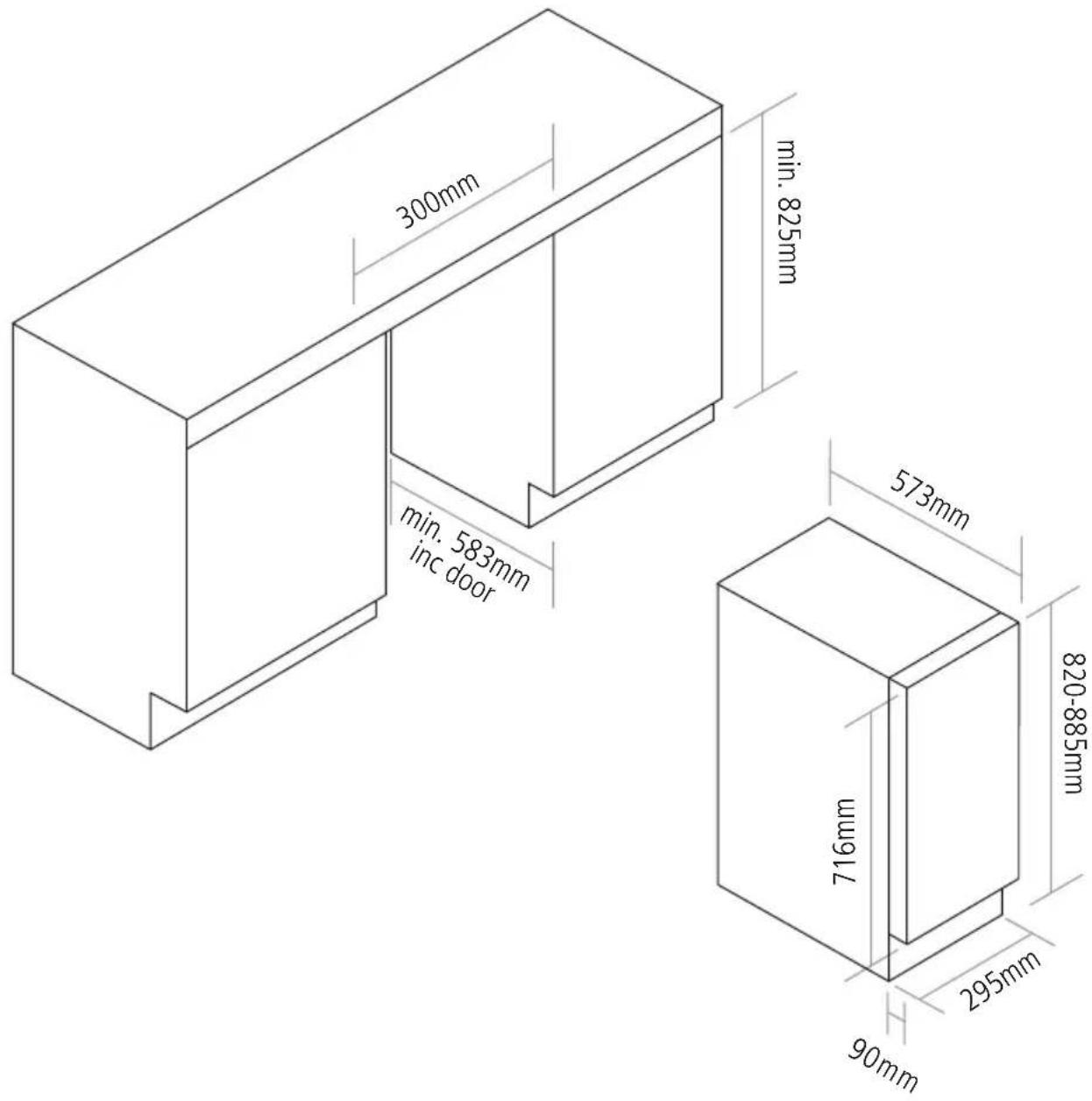300mm min. 825mm min. 583mm inc door 573mm 820-885mm 716mm 295mm 90mm