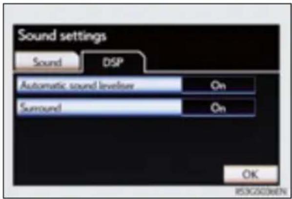 Sound settings Sound DSP Automatic sound levelise On Surround On OK R53G2006EN