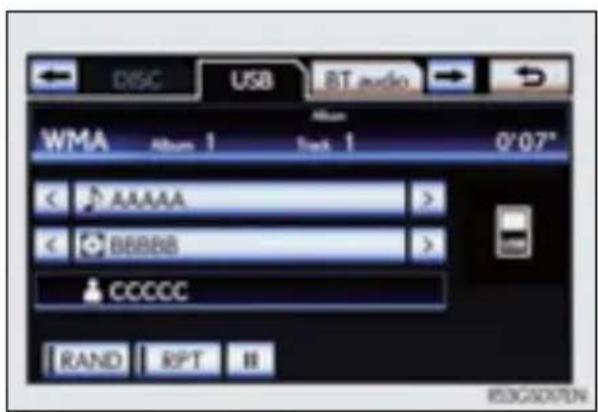 DISC USB BT audio WMA Alt: 1 Text: 1 0'07" < AAAAA > < BBBBB > CCCCC RAND RPT II FISC507EN