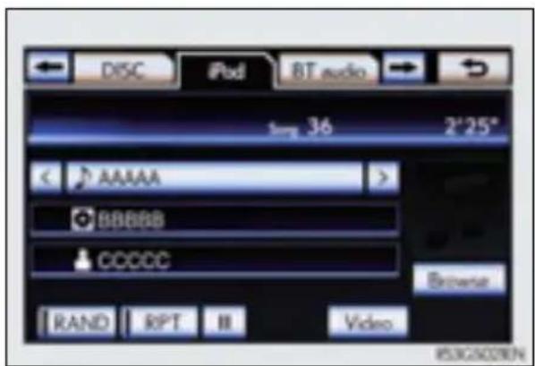 DISC iPod 8T audio 10:36 2°25" AAAAA BBBBB CCCCC Browse RAND RPT II Video MSJG502KN