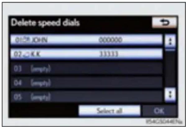 Delete speed dials 0128 JOHN 000000 02 K.K 33333 03 (empty) 04 (empty) 05 (empty) Select all OK IS4CSD4EENa