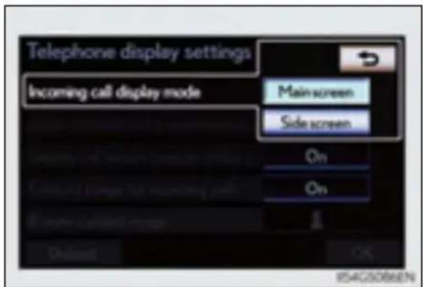 Telephone display settings Incoming call display mode Main screen Side screen On On On
